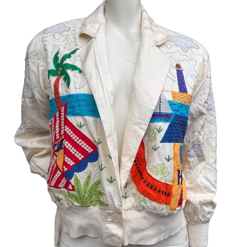 Marc D'Alcy Vintage Silk Bomber Jacket Beaded Tropical Maximalist Art To Wear S